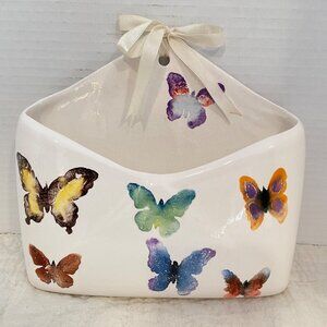 Handpainted Ceramic Wall Pocket With Colorful Butterfly Design & Ribbon Accent